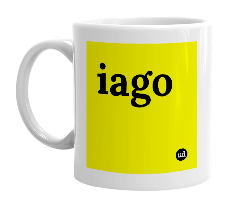 White mug with 'iago' in bold black letters