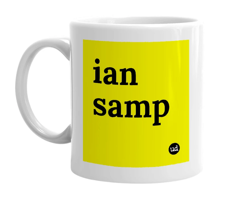 White mug with 'ian samp' in bold black letters