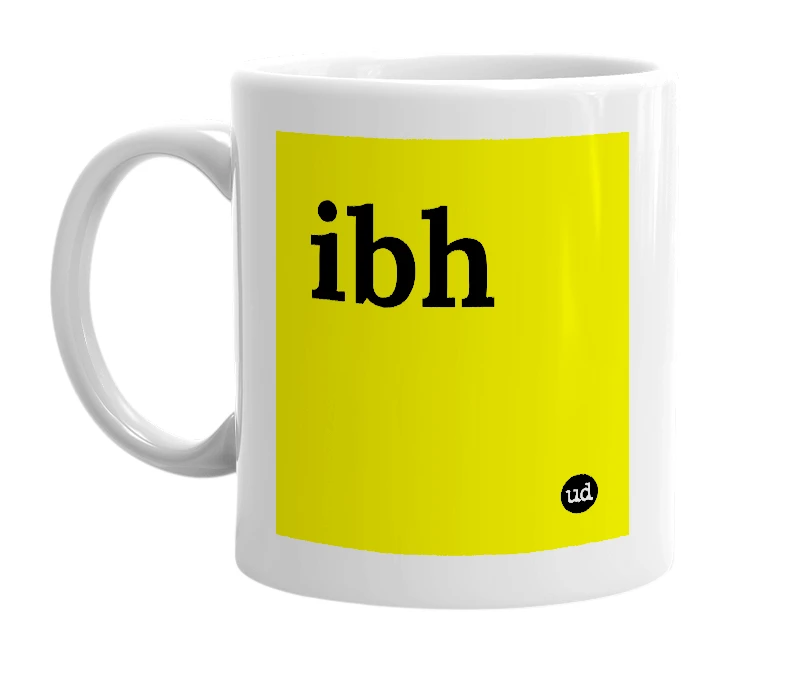 White mug with 'ibh' in bold black letters