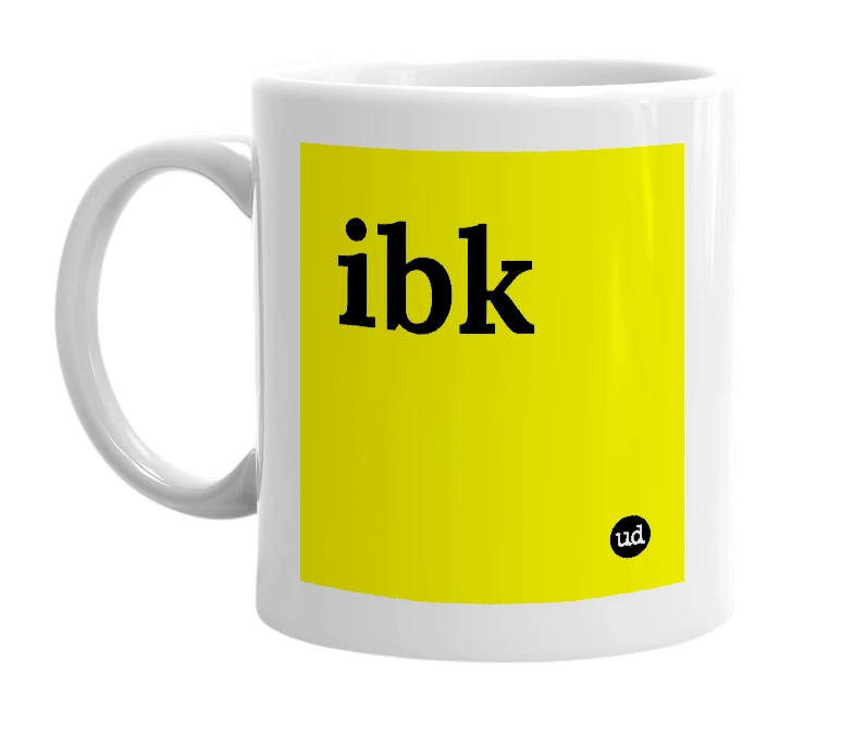 White mug with 'ibk' in bold black letters