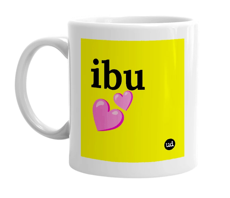 White mug with 'ibu💕' in bold black letters