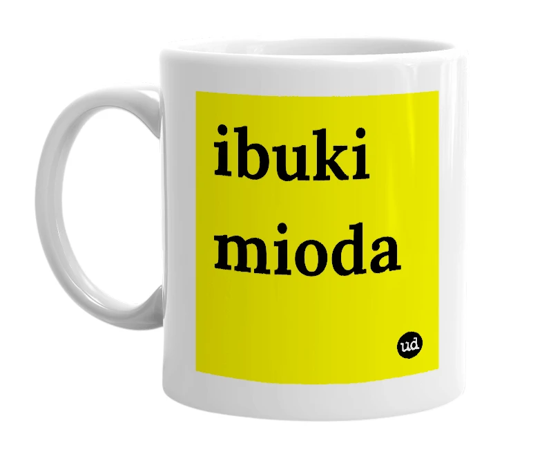 White mug with 'ibuki mioda' in bold black letters