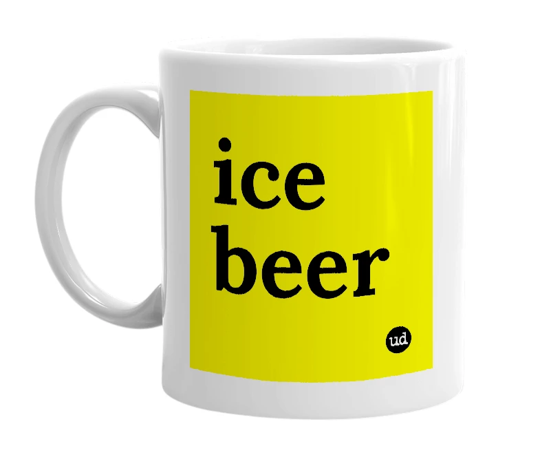 White mug with 'ice beer' in bold black letters