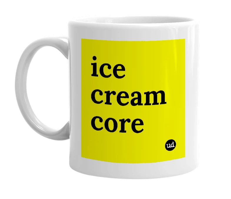 White mug with 'ice cream core' in bold black letters