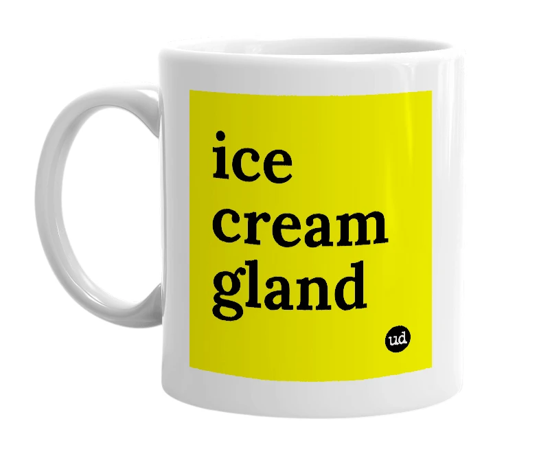 White mug with 'ice cream gland' in bold black letters