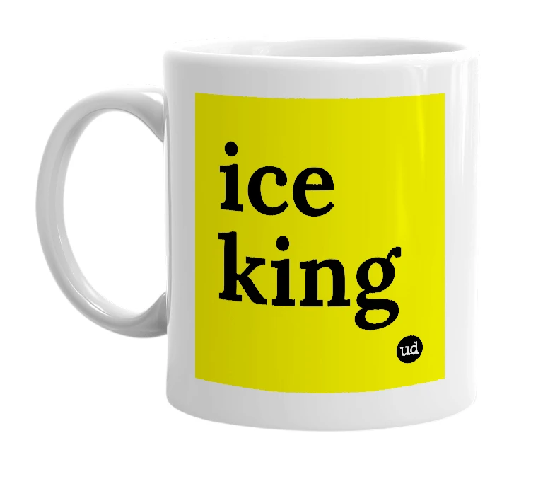 White mug with 'ice king' in bold black letters