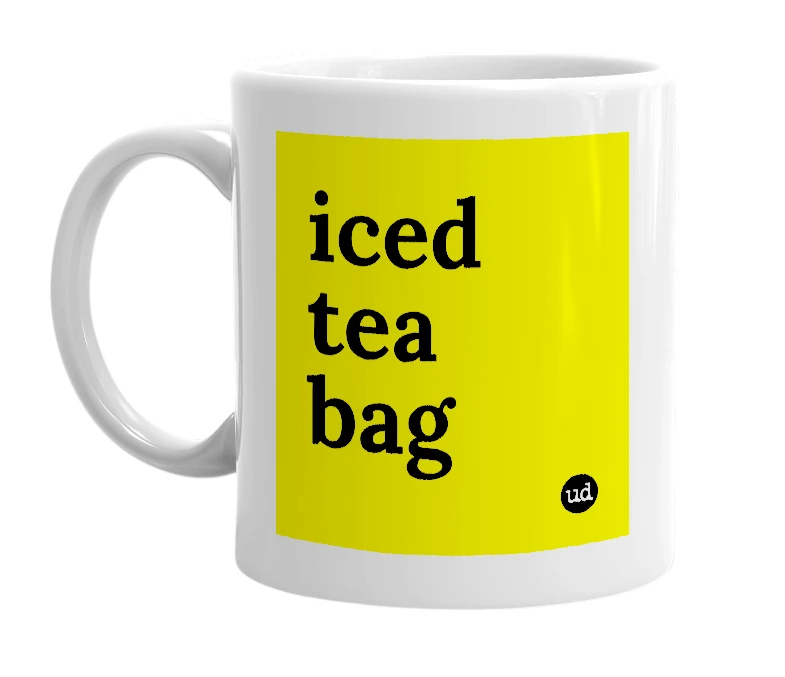 White mug with 'iced tea bag' in bold black letters