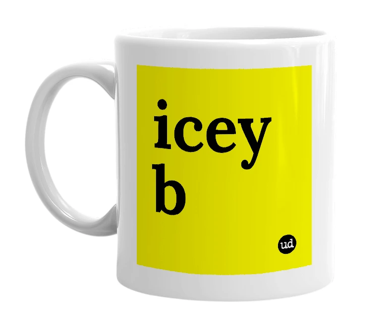 White mug with 'icey b' in bold black letters