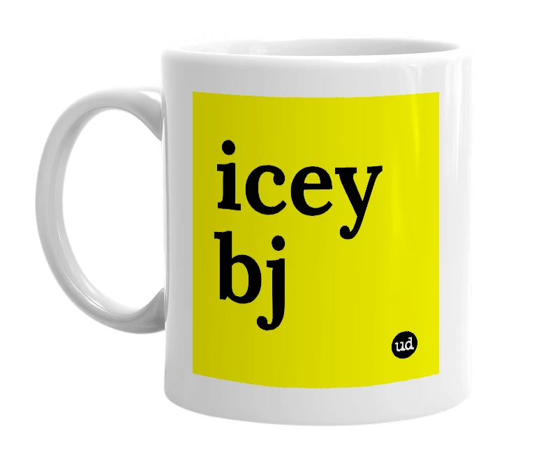 White mug with 'icey bj' in bold black letters