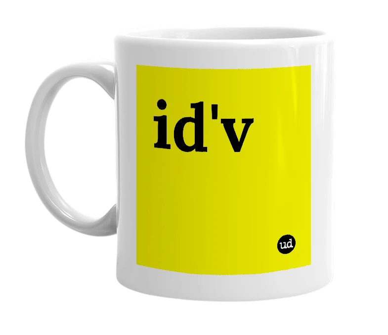 White mug with 'id'v' in bold black letters