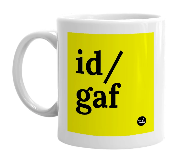 White mug with 'id/gaf' in bold black letters