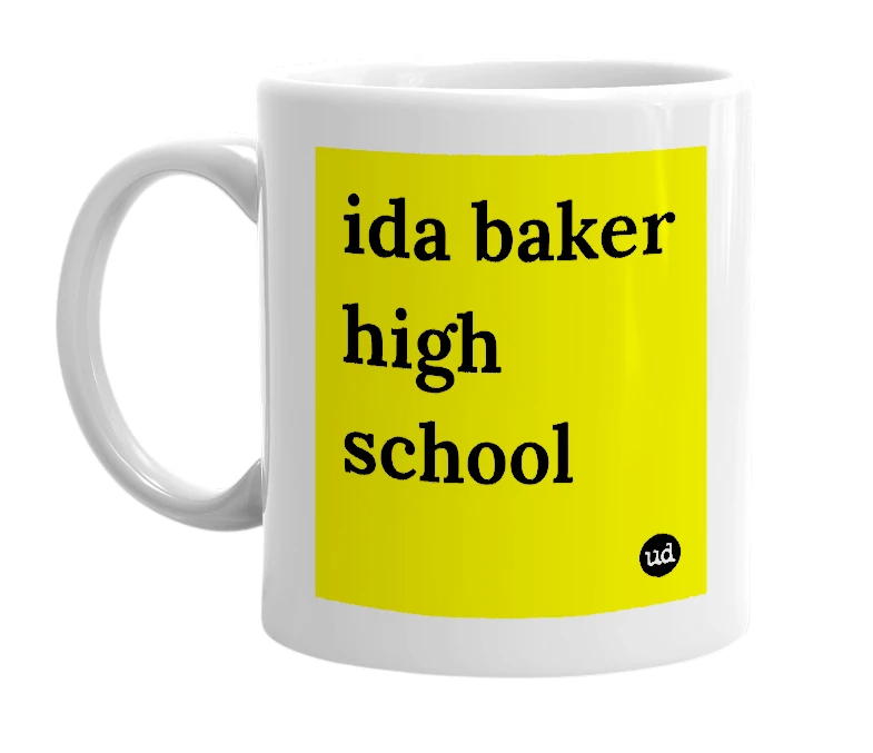 White mug with 'ida baker high school' in bold black letters