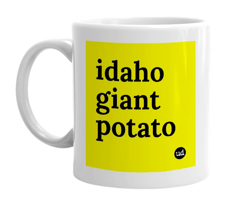 White mug with 'idaho giant potato' in bold black letters