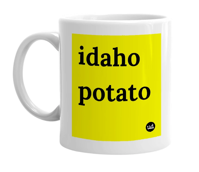 White mug with 'idaho potato' in bold black letters