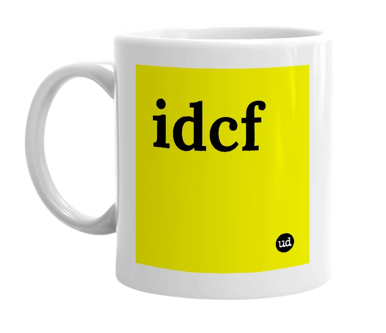 White mug with 'idcf' in bold black letters