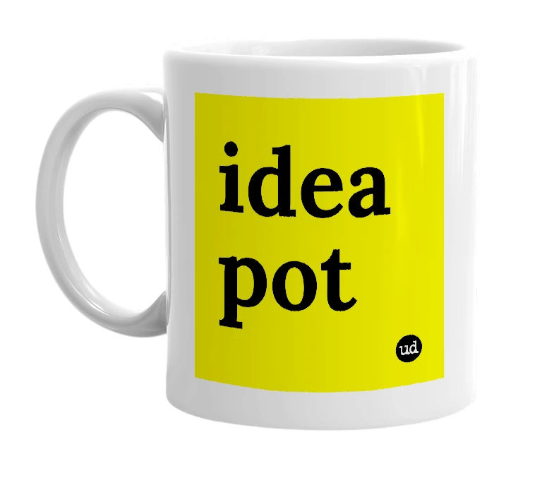 White mug with 'idea pot' in bold black letters