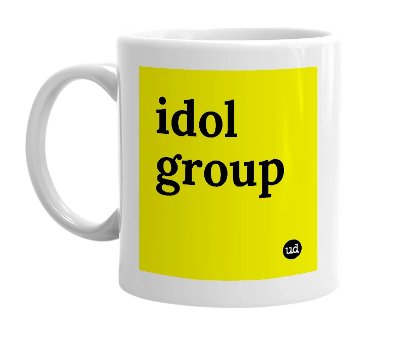 White mug with 'idol group' in bold black letters