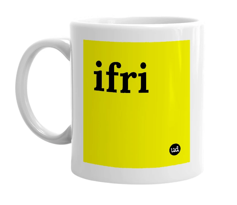 White mug with 'ifri' in bold black letters