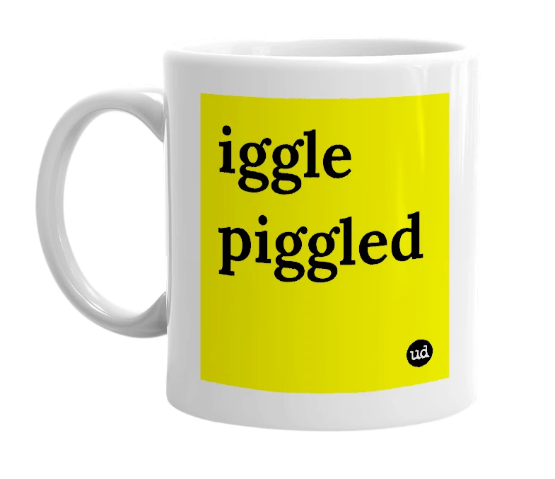 White mug with 'iggle piggled' in bold black letters