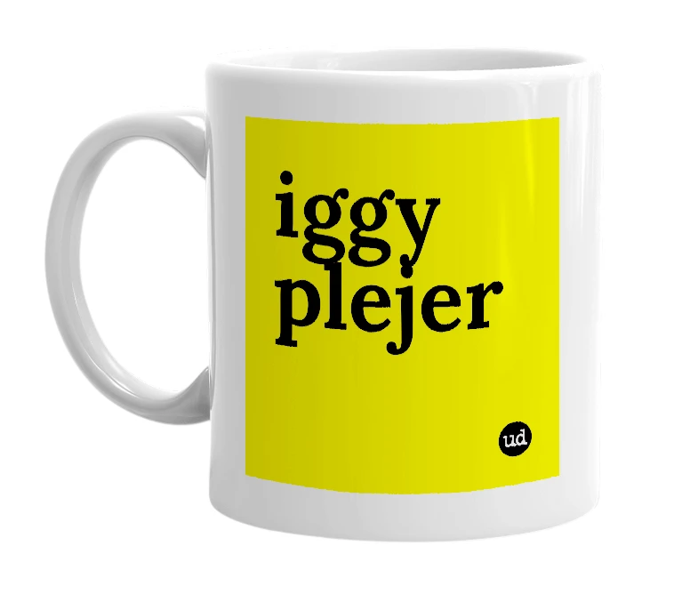 White mug with 'iggy plejer' in bold black letters