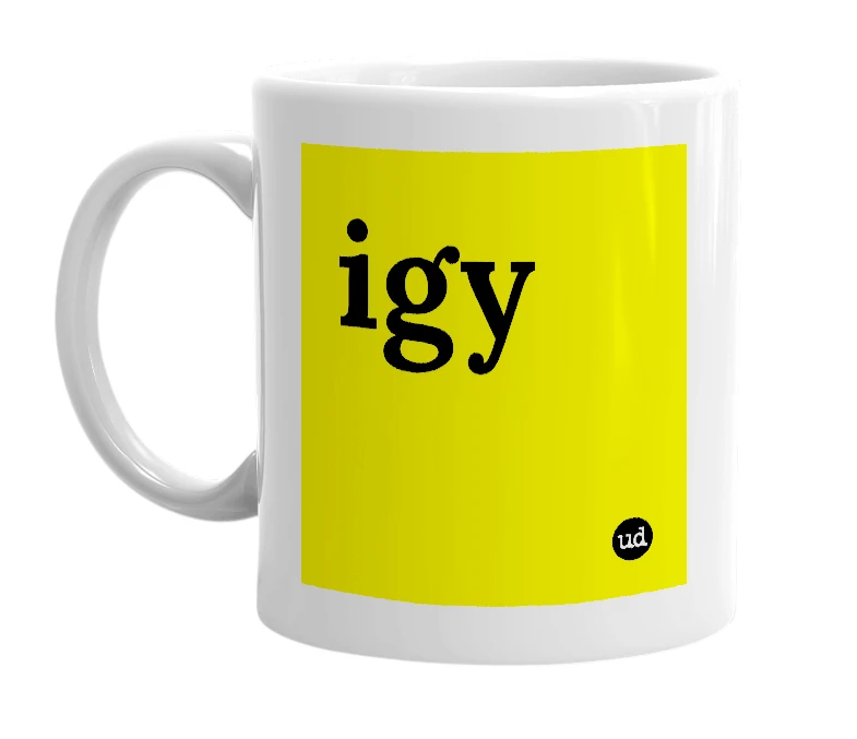 White mug with 'igy' in bold black letters
