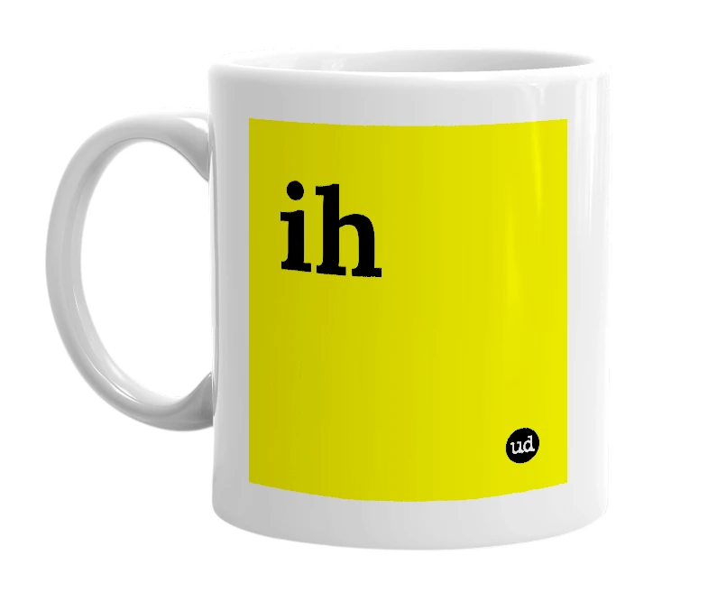 White mug with 'ih' in bold black letters