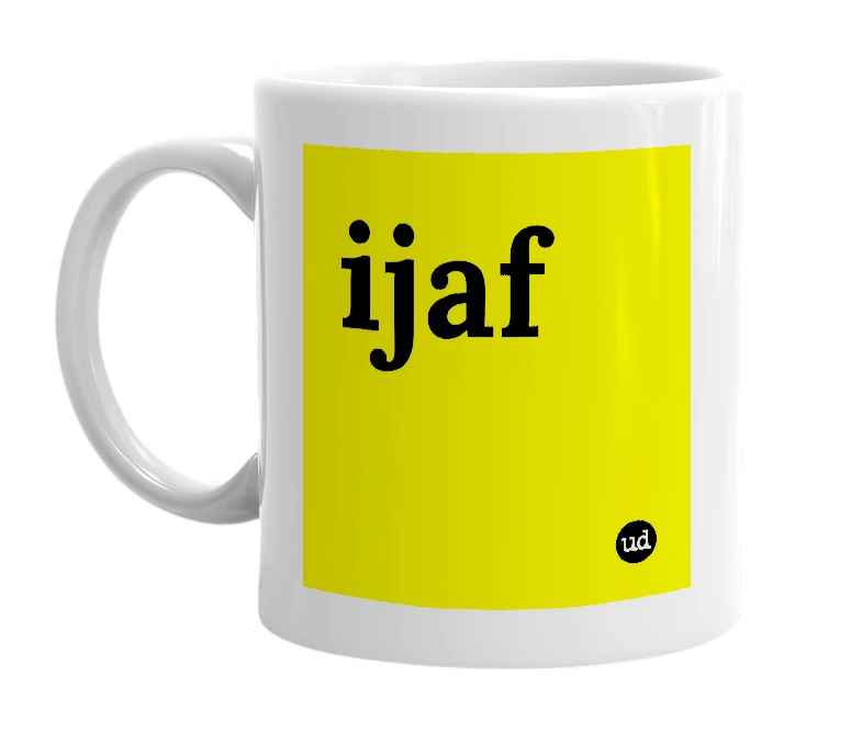 White mug with 'ijaf' in bold black letters