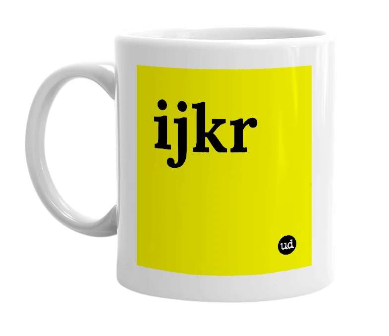 White mug with 'ijkr' in bold black letters