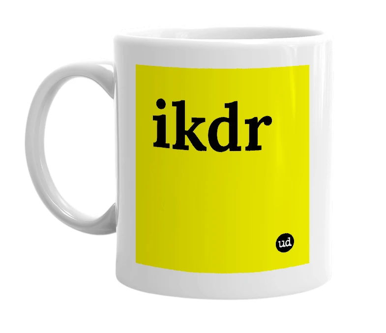 White mug with 'ikdr' in bold black letters