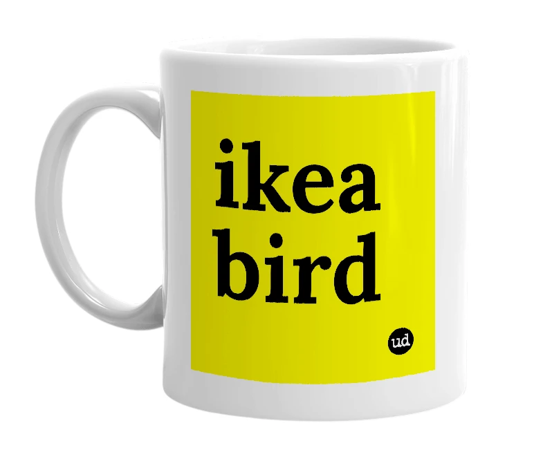 White mug with 'ikea bird' in bold black letters