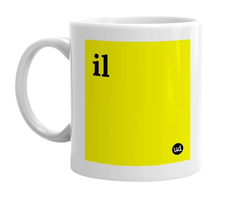 White mug with 'il' in bold black letters