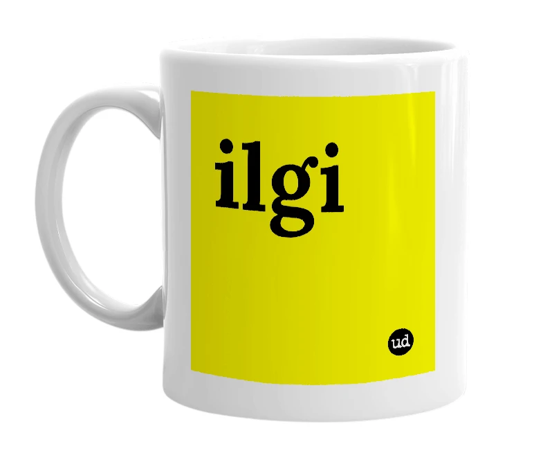 White mug with 'ilgi' in bold black letters