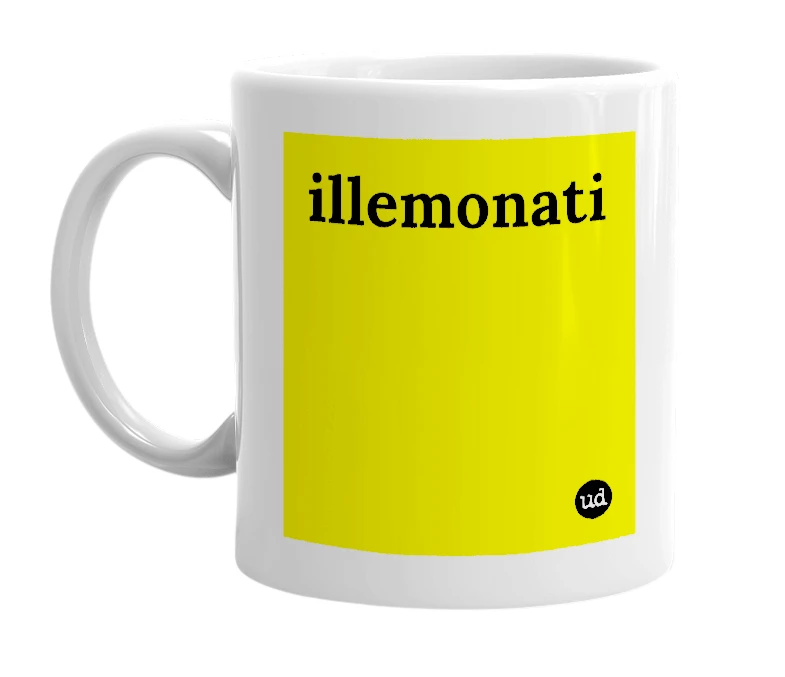 White mug with 'illemonati' in bold black letters