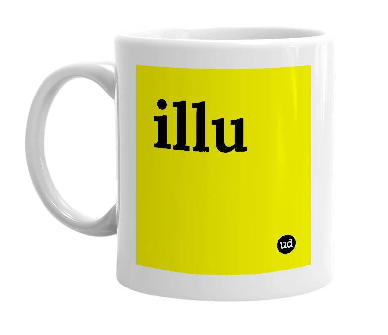 White mug with 'illu' in bold black letters