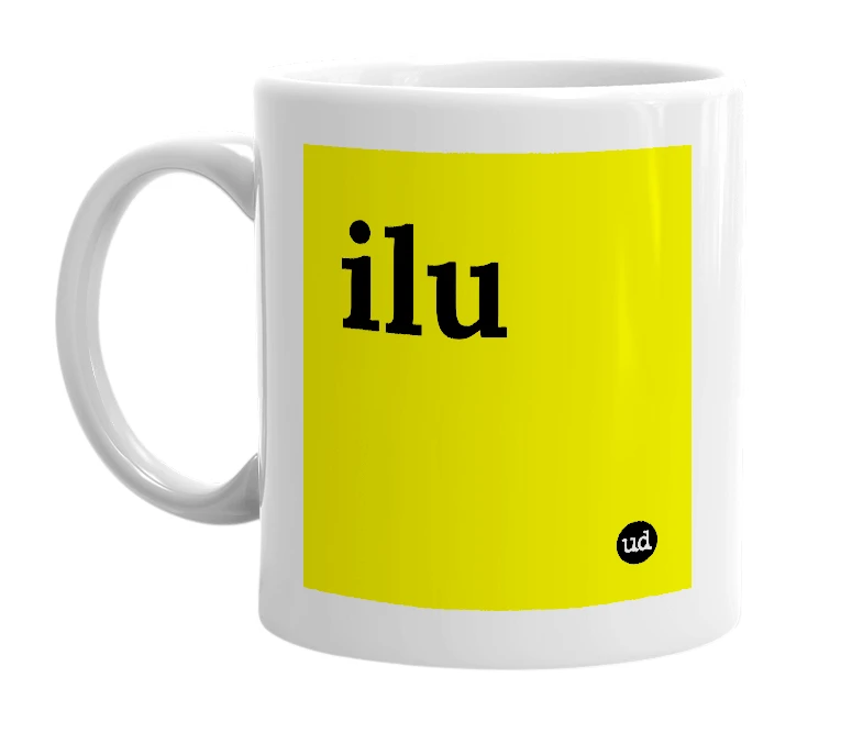 White mug with 'ilu' in bold black letters