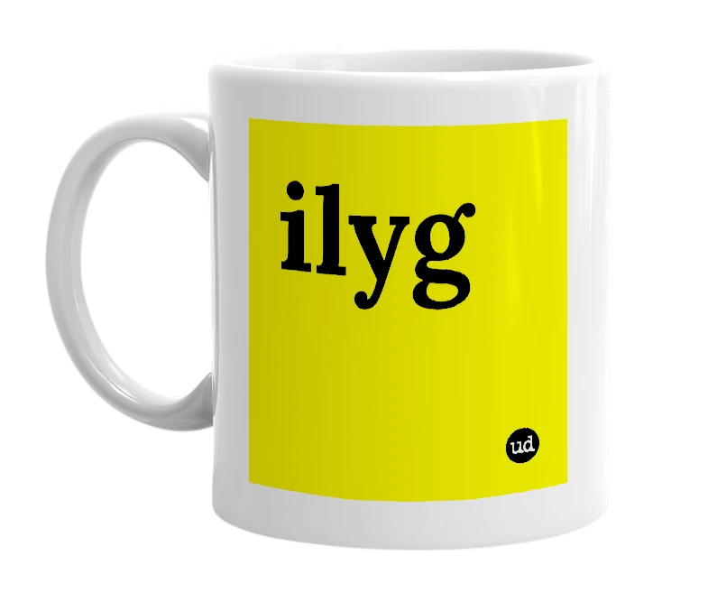 White mug with 'ilyg' in bold black letters