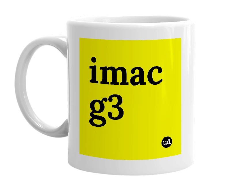 White mug with 'imac g3' in bold black letters