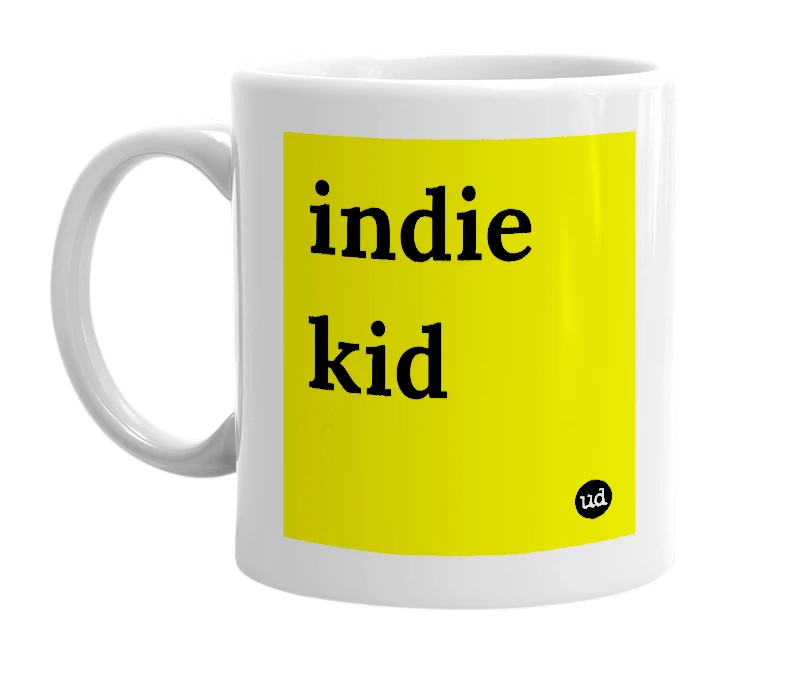 White mug with 'indie kid' in bold black letters