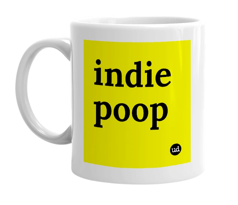 White mug with 'indie poop' in bold black letters