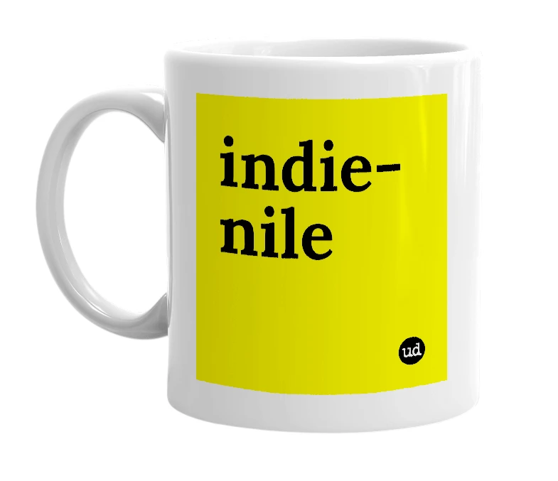 White mug with 'indie-nile' in bold black letters