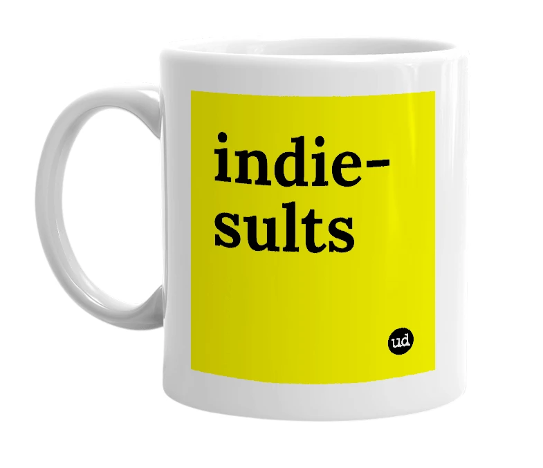 White mug with 'indie-sults' in bold black letters
