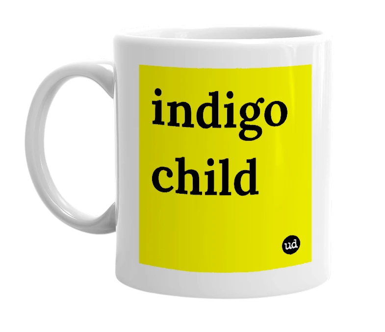 White mug with 'indigo child' in bold black letters