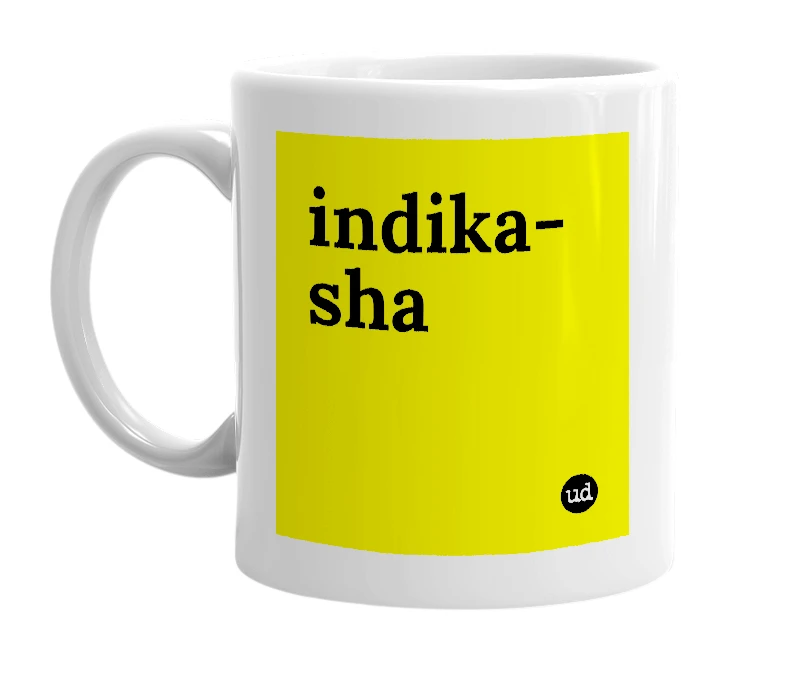 White mug with 'indika-sha' in bold black letters