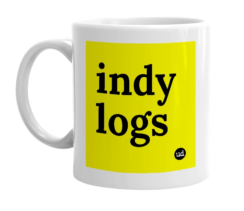 White mug with 'indy logs' in bold black letters