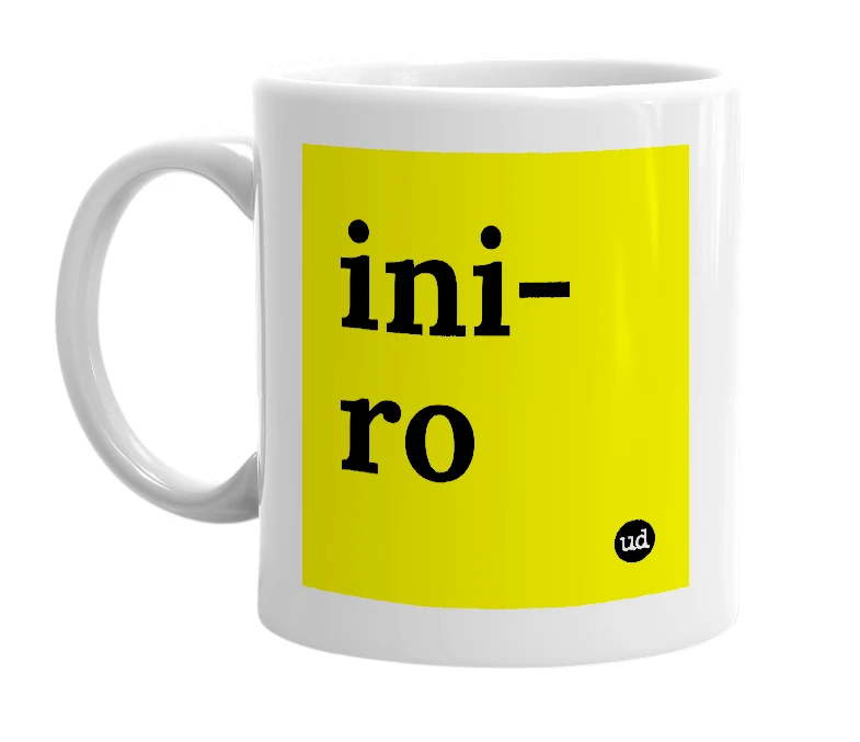 White mug with 'ini-ro' in bold black letters