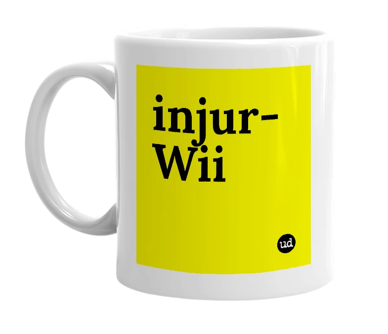 White mug with 'injur-Wii' in bold black letters