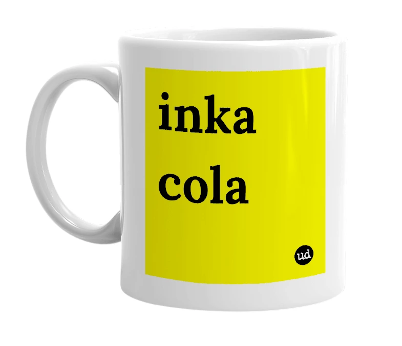 White mug with 'inka cola' in bold black letters