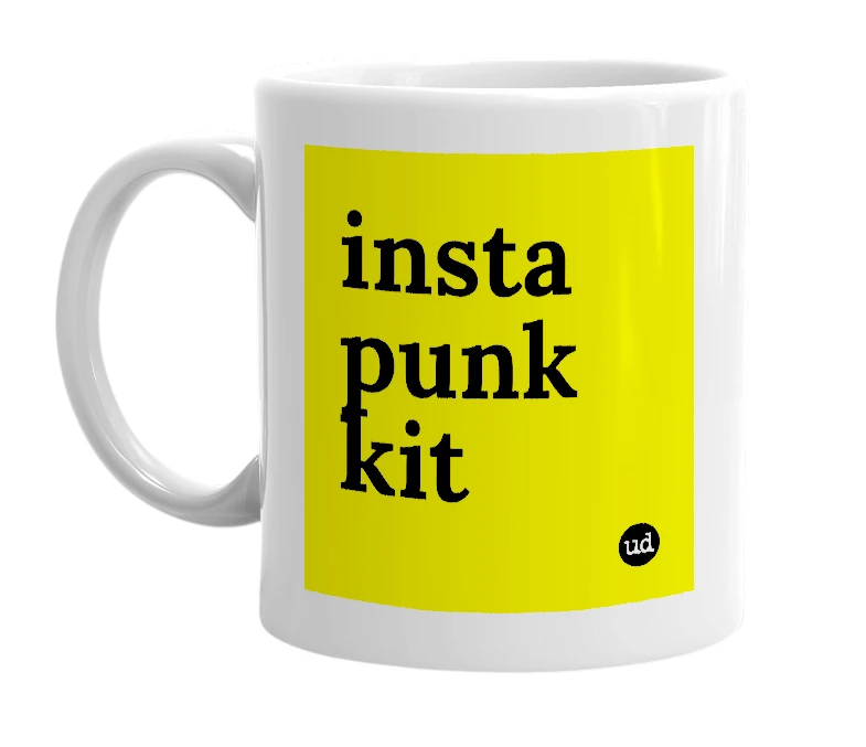 White mug with 'insta punk kit' in bold black letters
