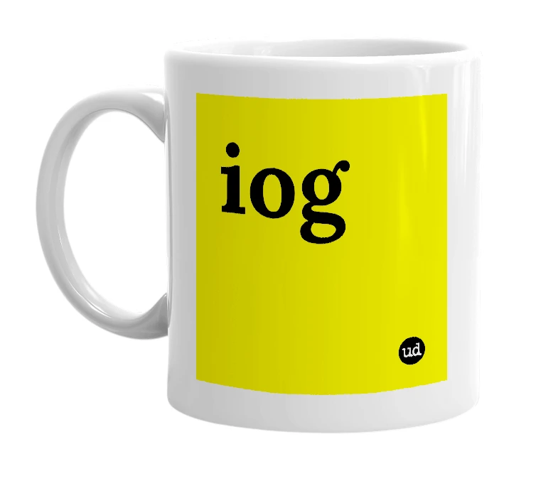 White mug with 'iog' in bold black letters