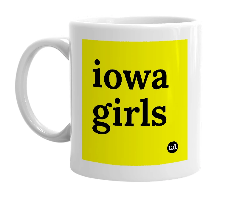 White mug with 'iowa girls' in bold black letters